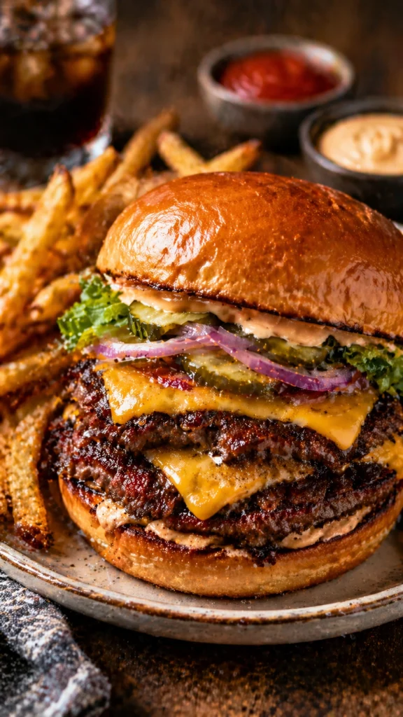 Served smash burger with fries on rustic wooden table, juicy cheeseburger with lettuce, pickles, onions, dipping sauces, and warm lighting.