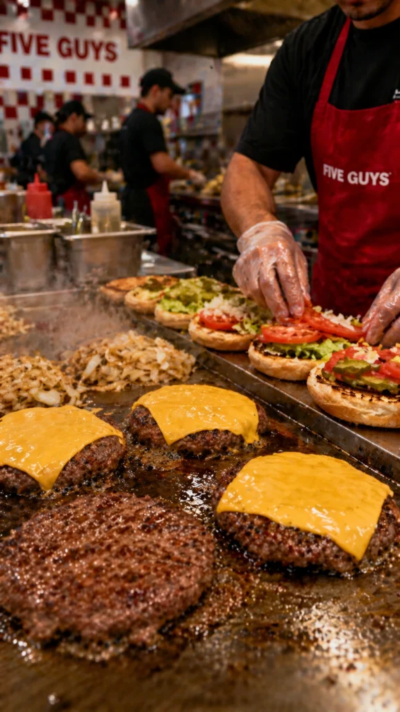 Five Guys burger patties cooking on grill