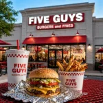 Five Guys restaurant meal with cheeseburger, hand-cut fries, and soft drink outside storefront