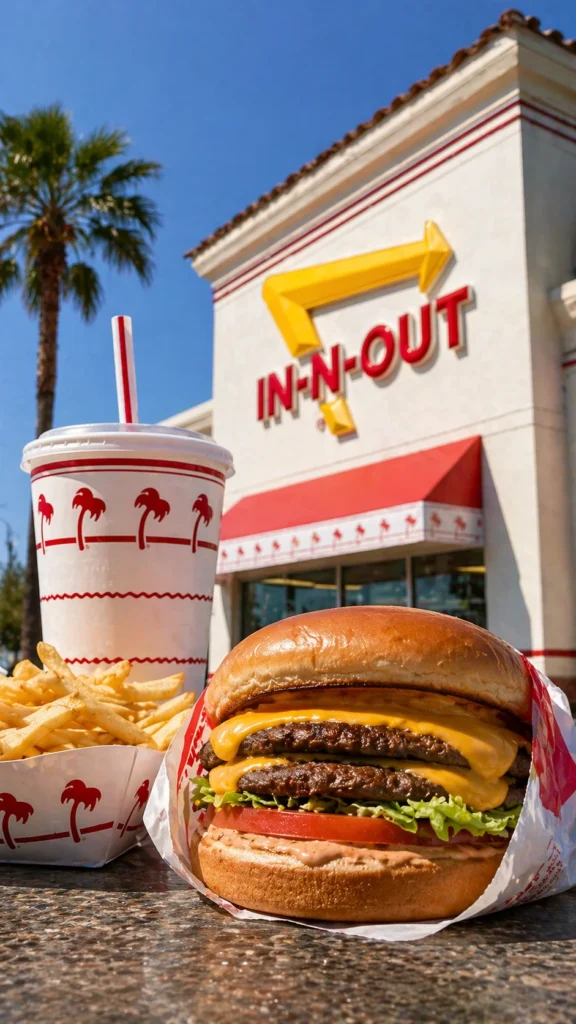 In-N-Out Burger meal with double cheeseburger, fries, drink cup, and restaurant storefront under sunny blue sky.