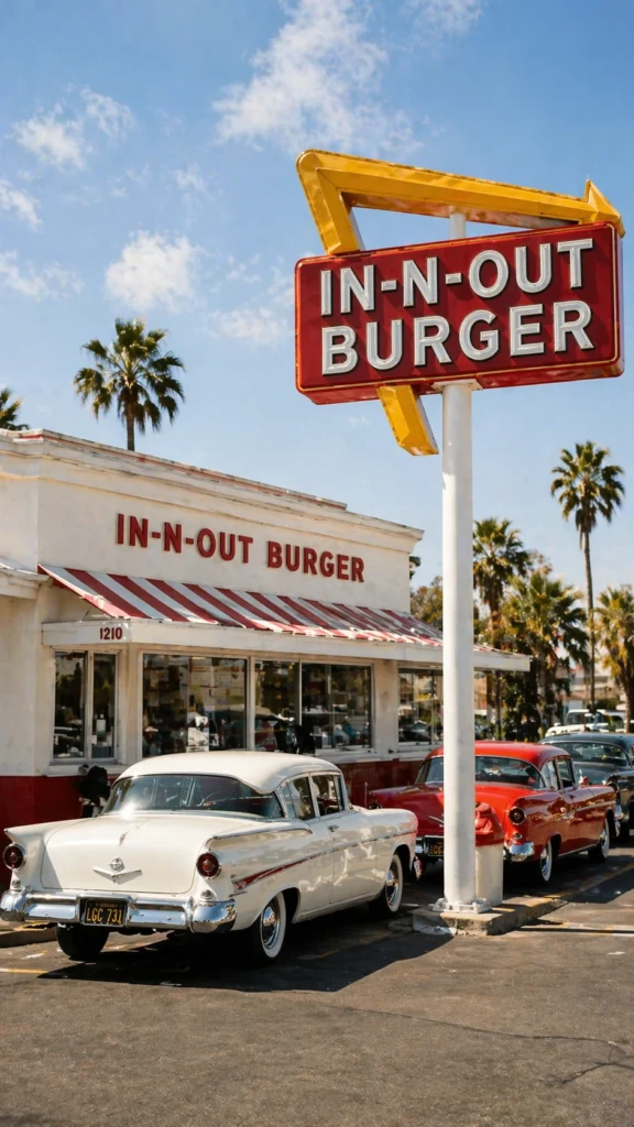 Vintage In-N-Out Burger restaurant with retro sign, classic cars, and palm trees in sunny California setting.