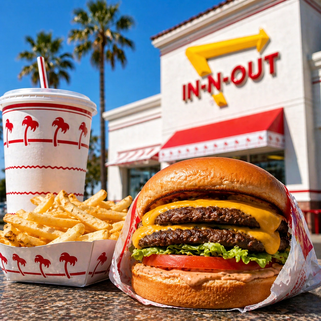 In-N-Out Burger meal with cheeseburger, fries, drink cup, and In-N-Out restaurant storefront in the background.