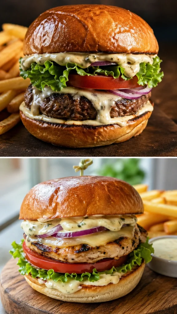 Gourmet aioli burger with juicy beef patty, lettuce, tomato, red onion, creamy garlic aioli sauce, and fries on a wooden table.