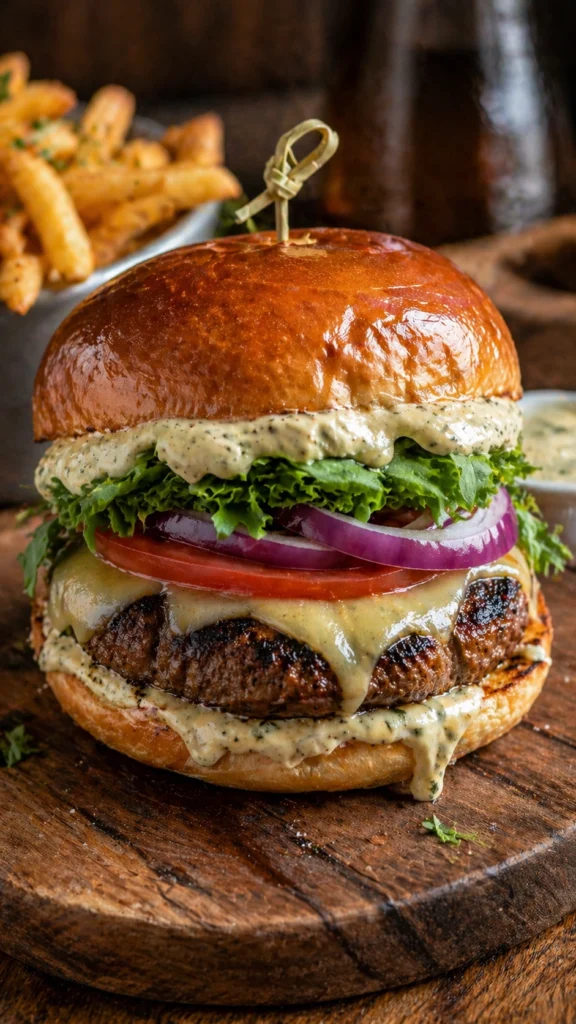 Delicious aioli burger with melted cheese, fresh lettuce, tomato, red onion, creamy garlic aioli sauce, and fries in a rustic setting.