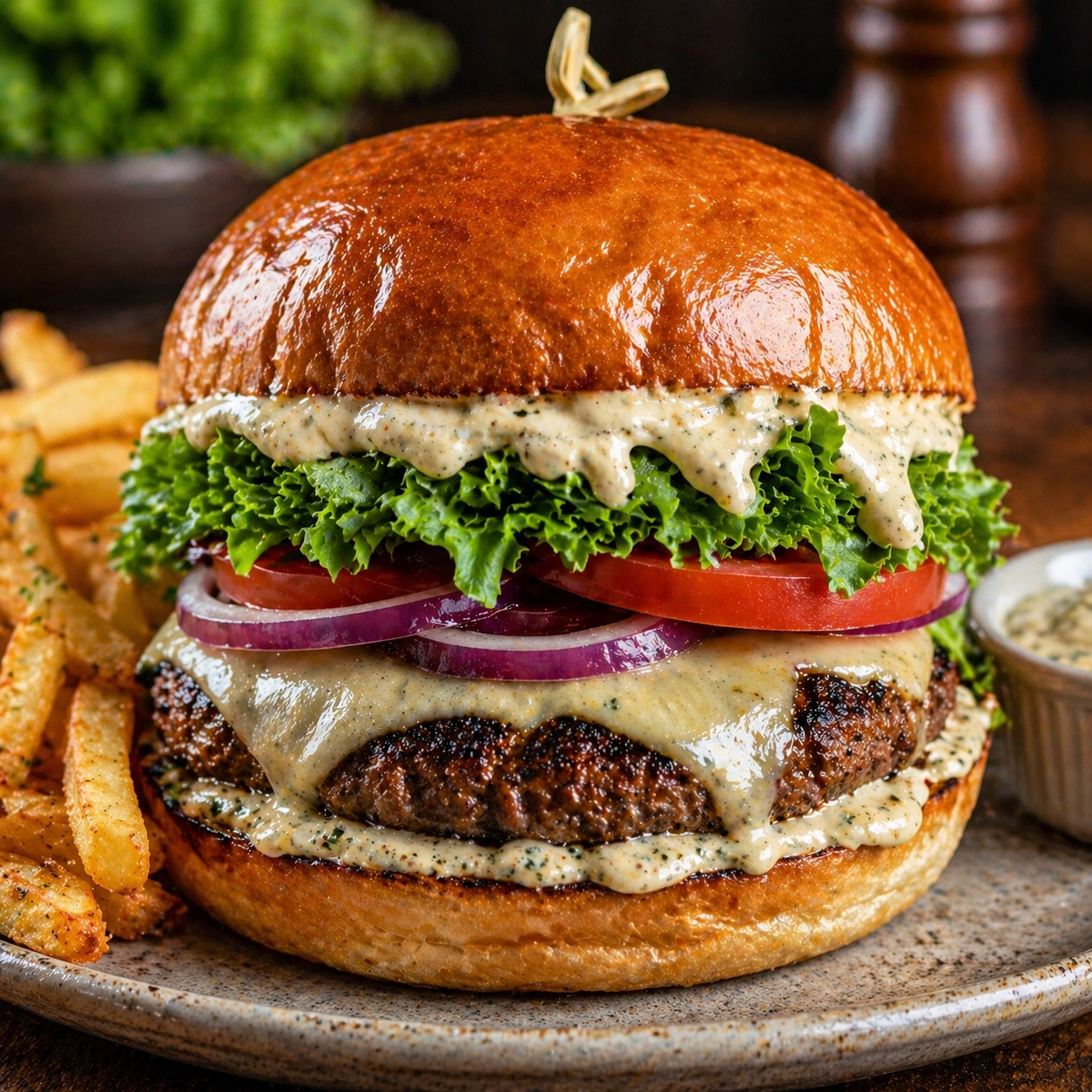 Aioli burger with melted cheese, lettuce, tomato, red onion, creamy garlic aioli sauce, and fries on a plate.
