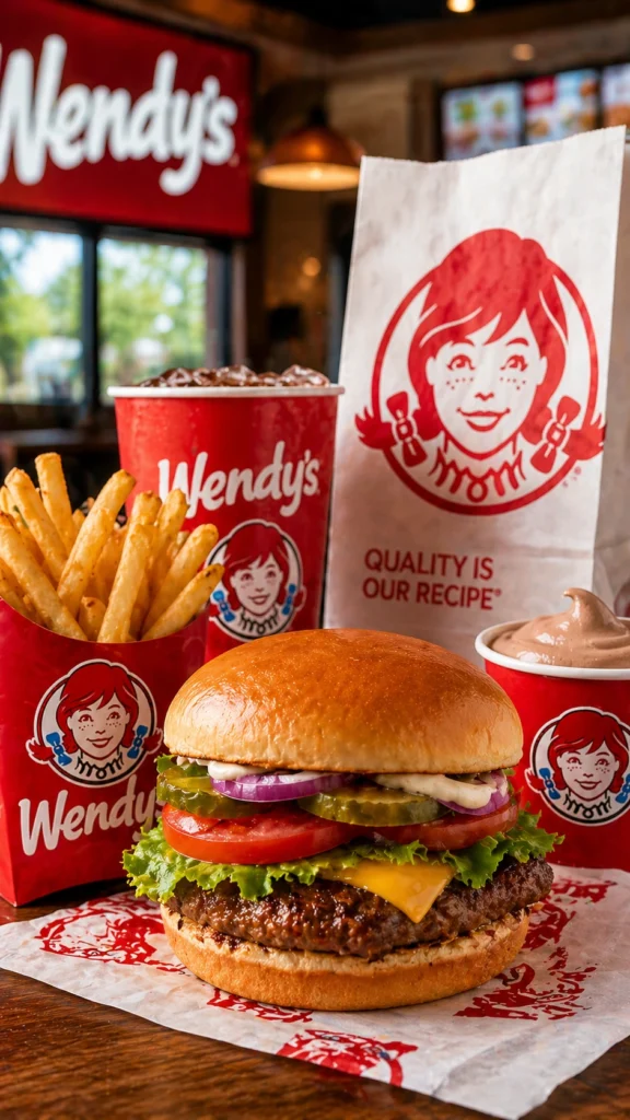 Wendy's cheeseburger combo with fries, soft drink, and Frosty dessert