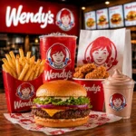 Wendy's burger meal with fries, nuggets, drink, and Frosty inside restaurant