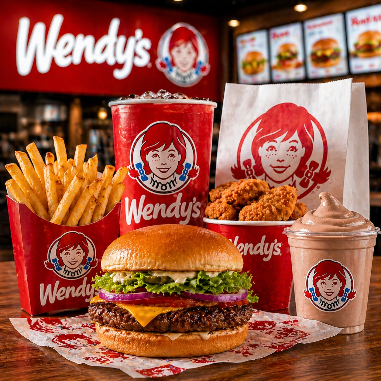 Wendy's burger meal with fries, nuggets, drink, and Frosty inside restaurant