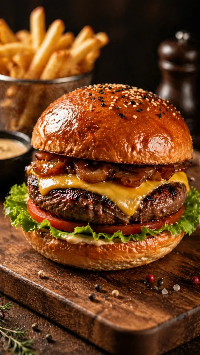 Wagyu Burger with juicy beef patty melted cheese lettuce tomato and fries