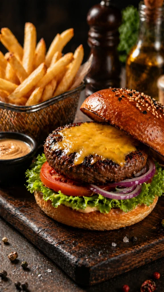 Juicy Wagyu Burger on wooden board with melted cheese and crispy fries