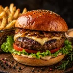 Wagyu Burger with juicy beef patty melted cheese lettuce tomato and fries