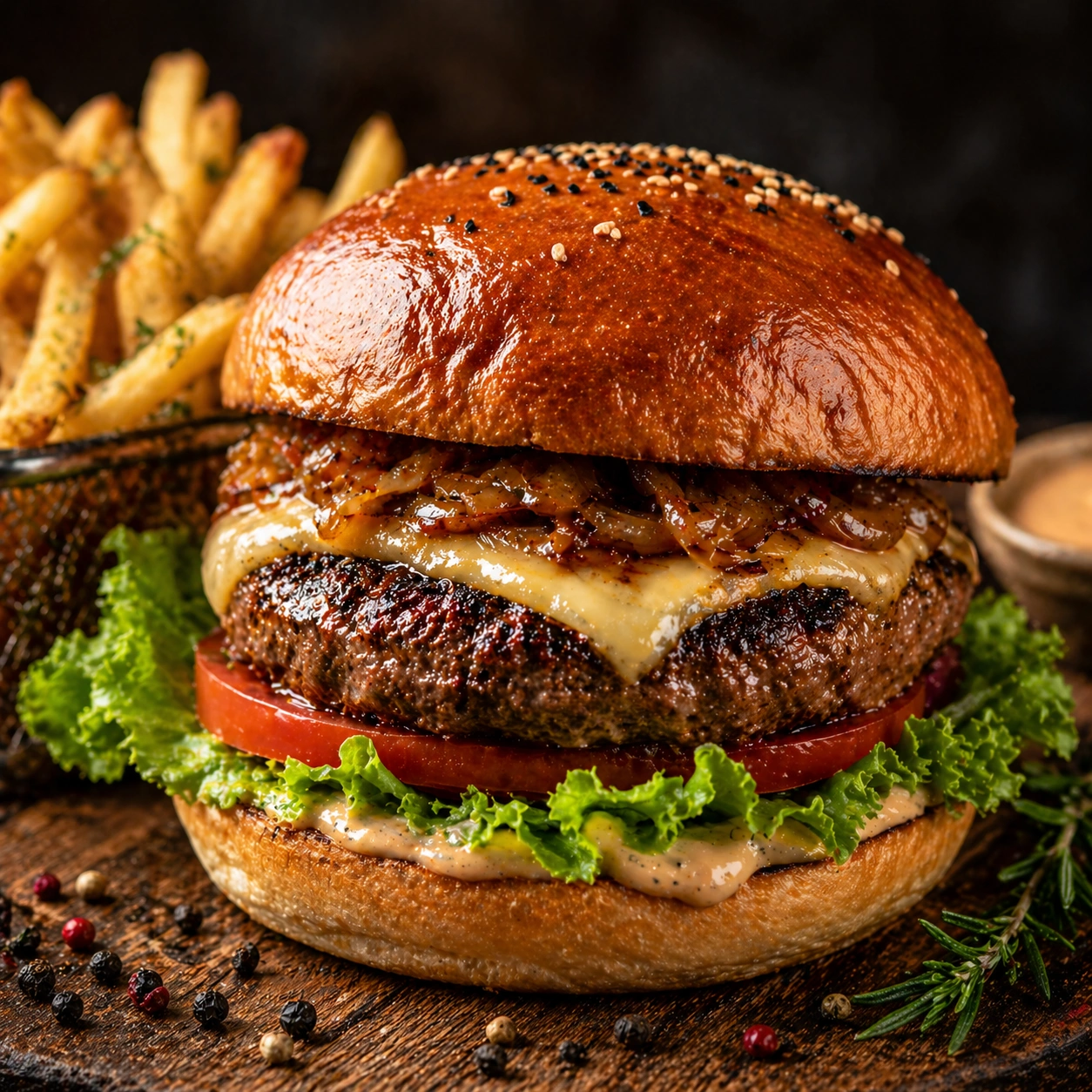 Wagyu Burger with juicy beef patty melted cheese lettuce tomato and fries