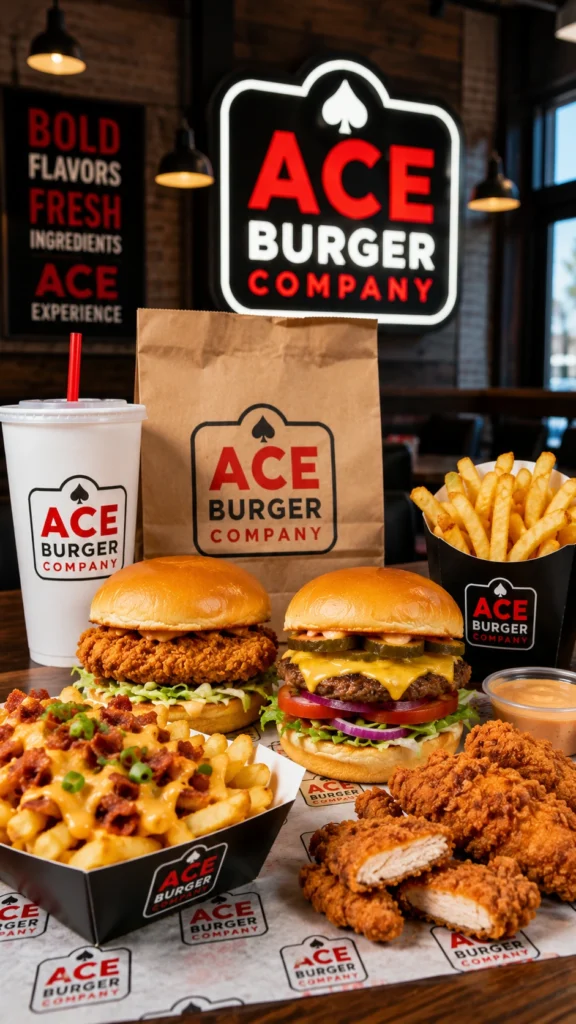Vertical 9/16 photo of Ace Burger Company burgers, crispy chicken sandwiches, loaded fries, and dipping sauces inside a modern American burger restaurant atmosphere