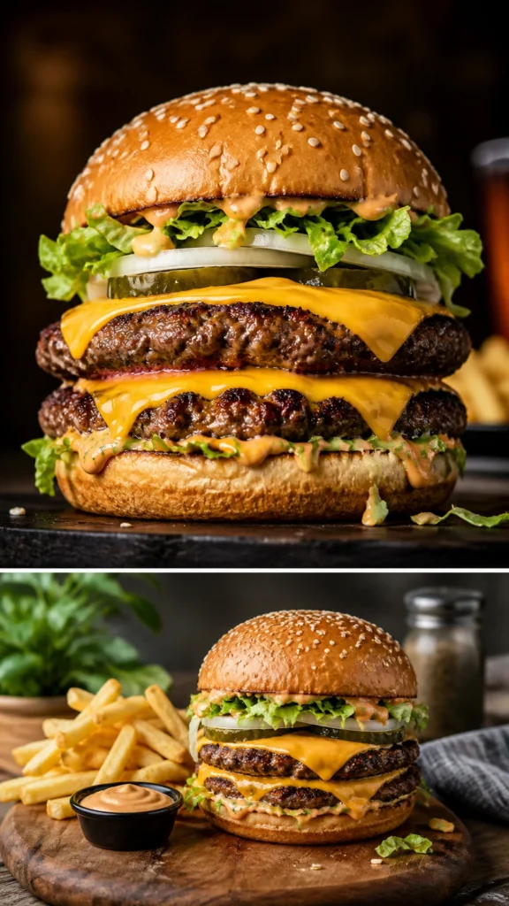 Tall Big Arch Burger close-up with layered patties, melted cheese, crisp lettuce, and pickles in restaurant style setting.
