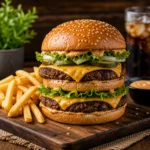 Homemade Big Arch Burger with double beef patties, melted cheese, fresh lettuce, pickles, crispy fries, and creamy dipping sauce on a wooden board.