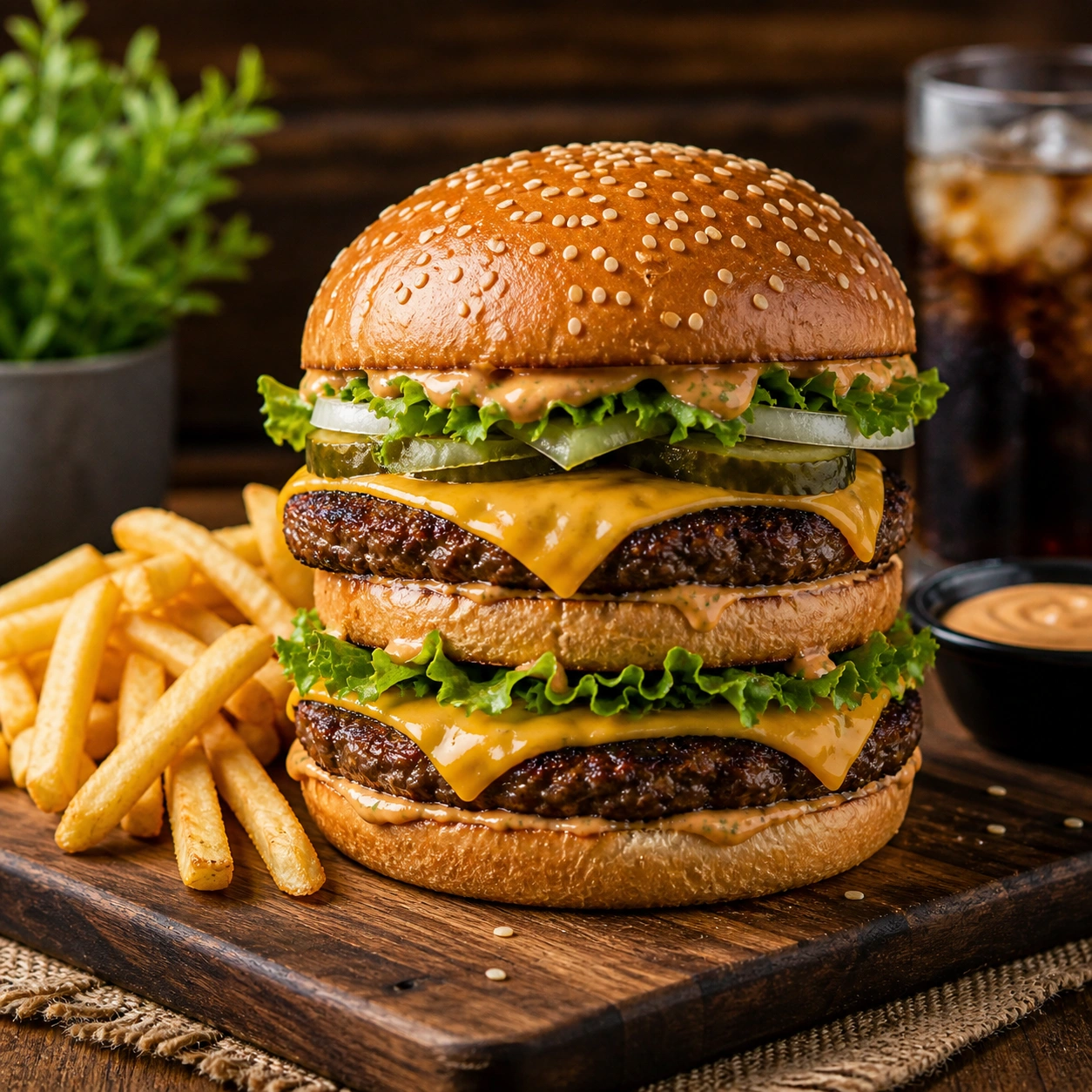 Homemade Big Arch Burger with double beef patties, melted cheese, fresh lettuce, pickles, crispy fries, and creamy dipping sauce on a wooden board.
