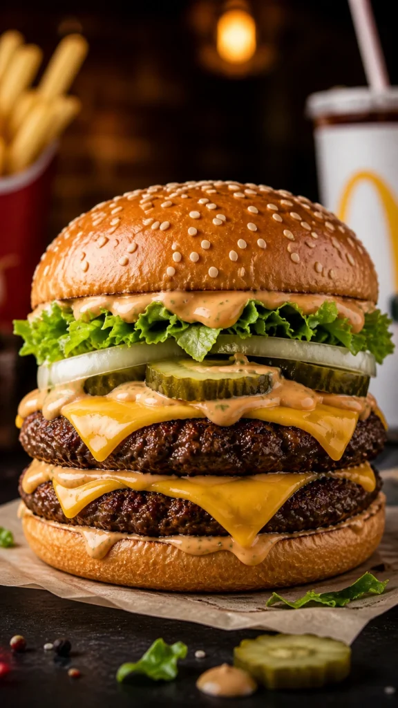 Big Arch Burger with juicy double beef patties, melted cheddar cheese, lettuce, onions, pickles, and special sauce in a warm restaurant setting.
