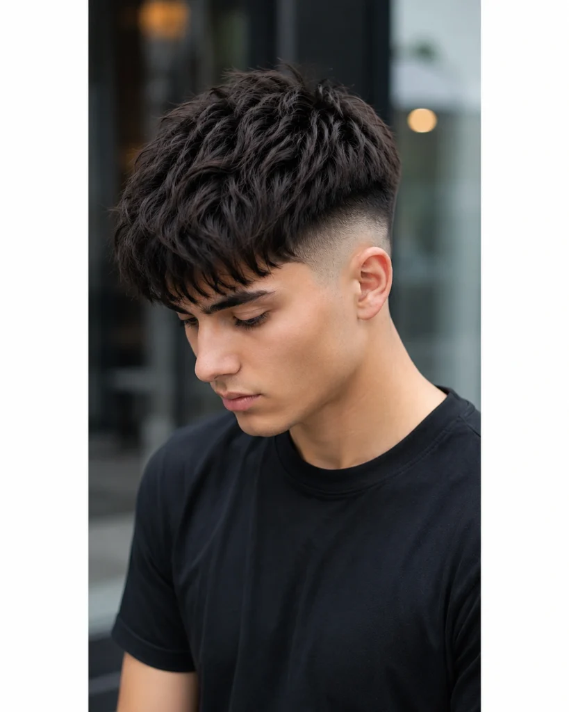 Stylish burger haircut for men with textured fringe and low fade in 2026