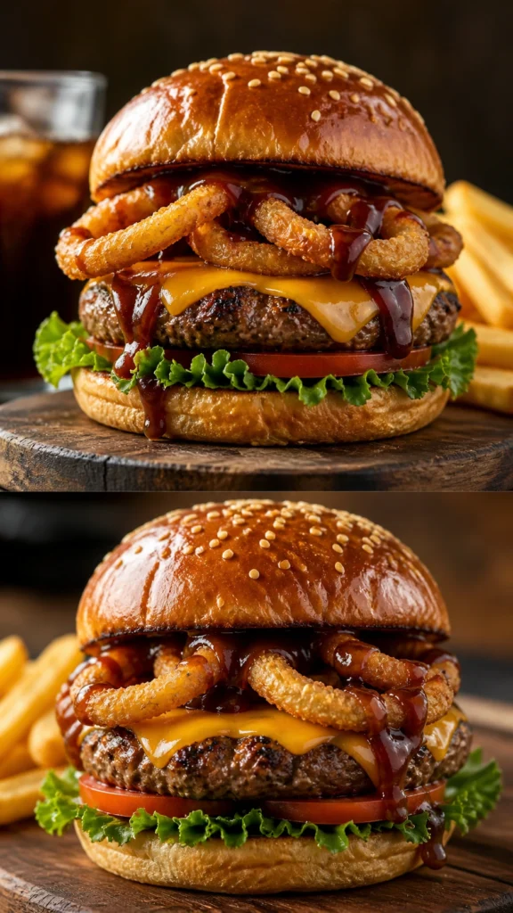 Close-up Rodeo Burger with golden onion rings, juicy beef patty, melted cheese, and smoky barbecue sauce