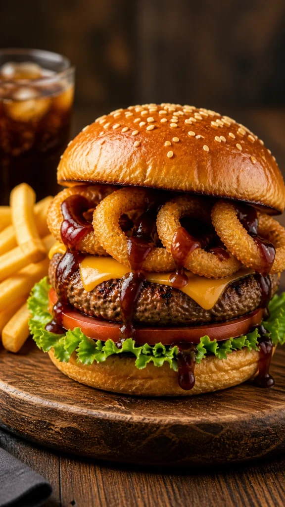 Rodeo Burger stacked with crispy onion rings, melted cheddar cheese, BBQ sauce, and fresh lettuce on a toasted bun