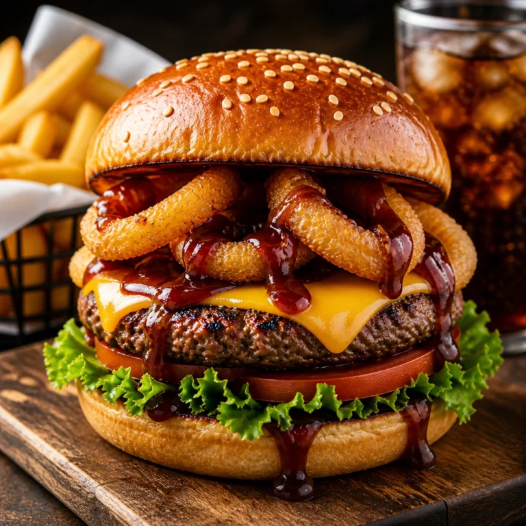 Square featured Rodeo Burger image with onion rings, cheddar cheese, BBQ sauce, and fresh vegetables on a wooden board”
