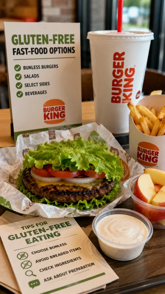 Bunless Burger King gluten-free meal with fries and drink