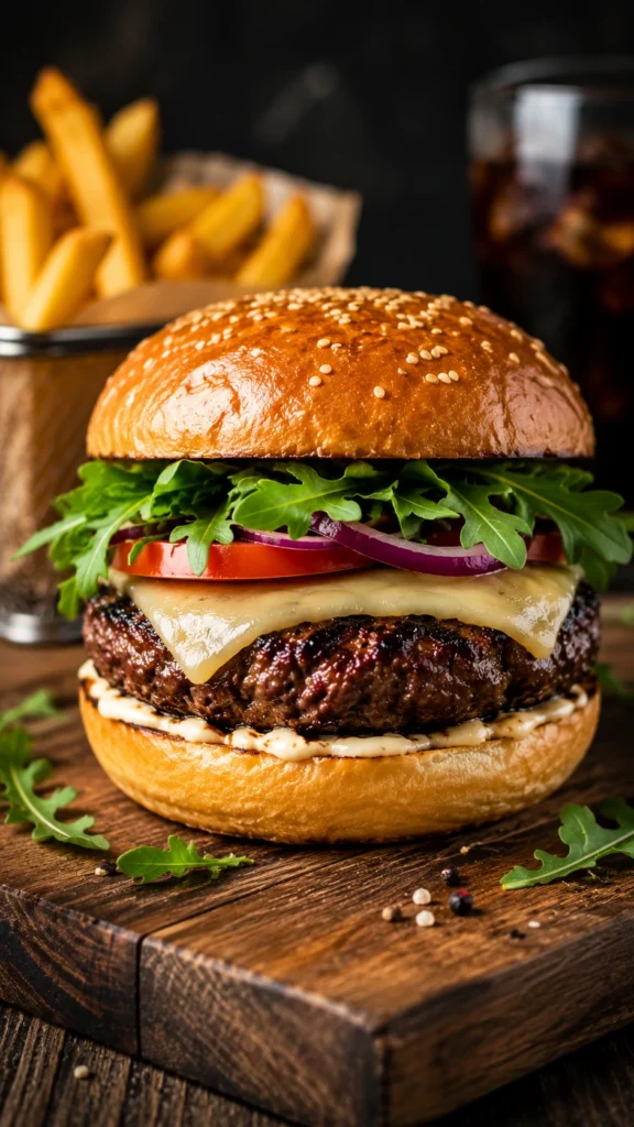 homemade kangaroo burger on wooden board