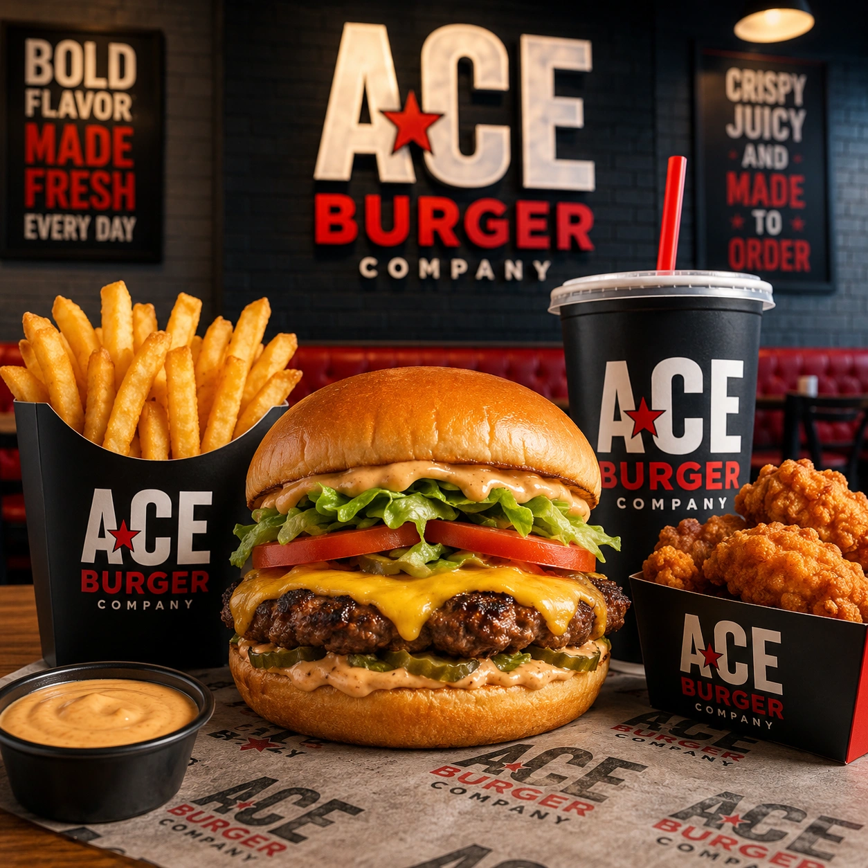 Ace Burger Company cheeseburger with crispy chicken, loaded fries, and signature sauces on a modern fast-food restaurant table
