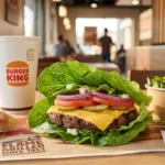 A Burger King gluten-free meal featuring a bunless Whopper wrapped in lettuce, served with a side salad and applesauce.