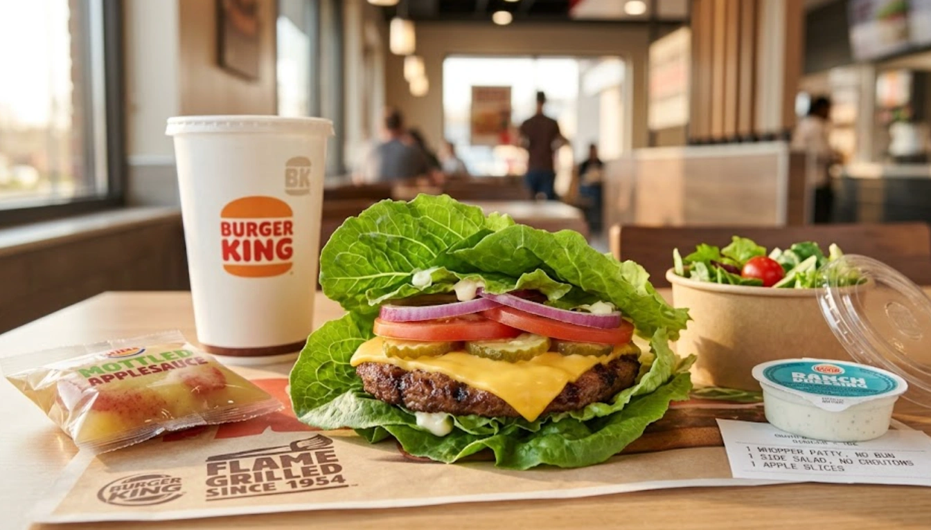 A Burger King gluten-free meal featuring a bunless Whopper wrapped in lettuce, served with a side salad and applesauce.