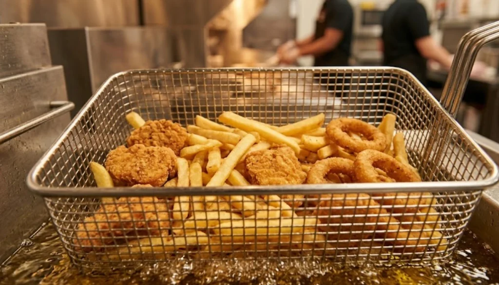 A shared fast food fryer basket containing french fries, breaded chicken nuggets, and onion rings, illustrating the gluten cross-contamination risk at Burger King.